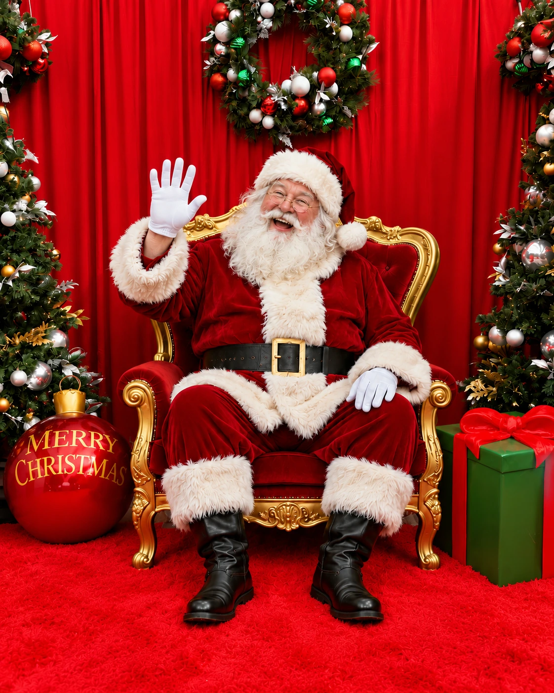 Santa waving from a red-and-gold chair, surrounded by Christmas trees at Maple Leaf Farms Santa’s Village